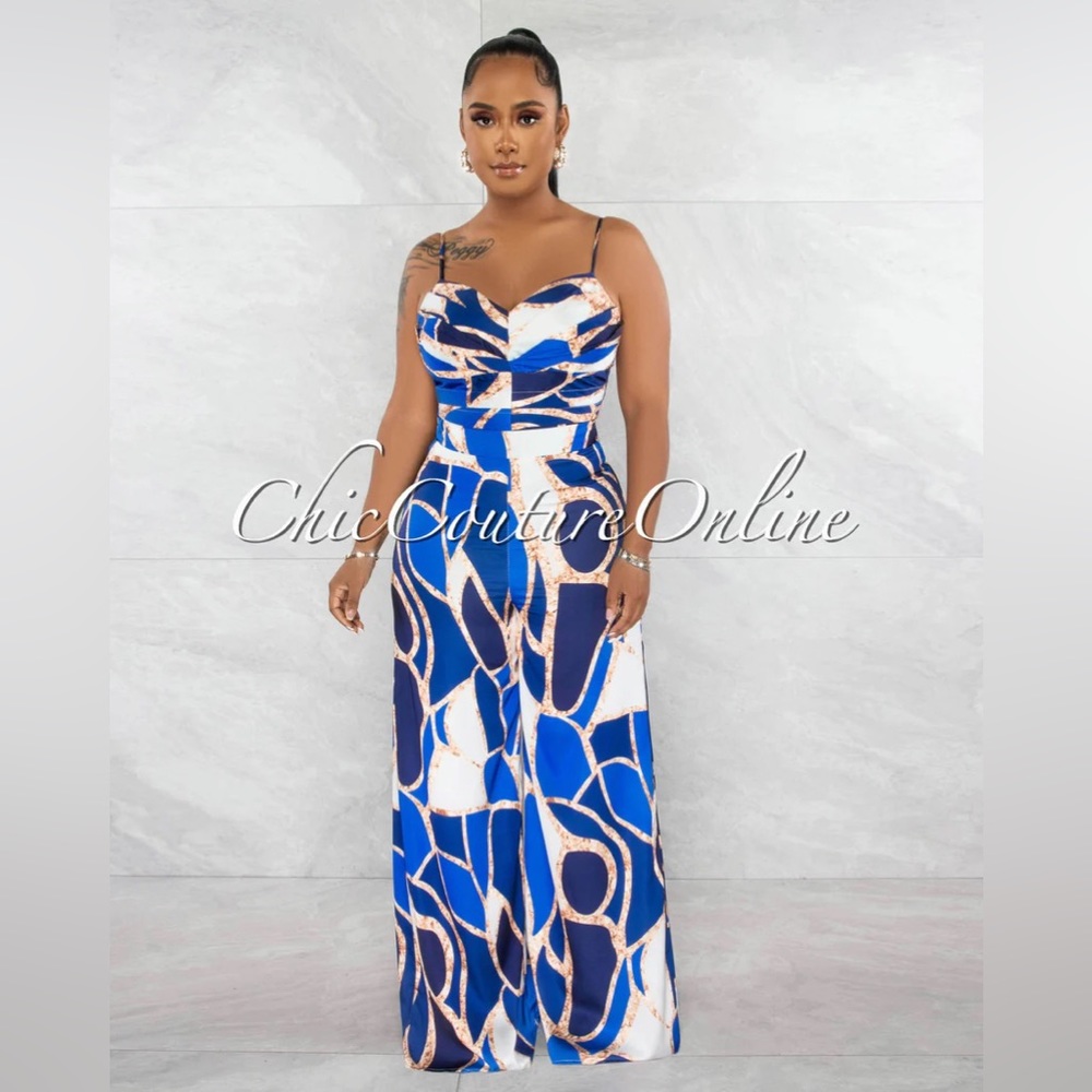 NAVY BLUE PRINT SILKY WIDE LEGS JUMPSUIT